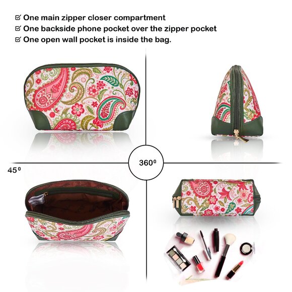 Paisley Print Fabric Cosmetic Pouch Bag for Women, Travel Case with Leather trim - Picture 4 of 8